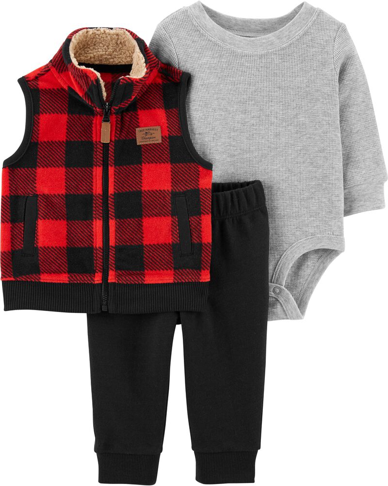 NEW CARTERS BOYS 2 PIECE SET FLEECE OUTFIT RED BLACK PLAID SIZE 3M 6M 24M